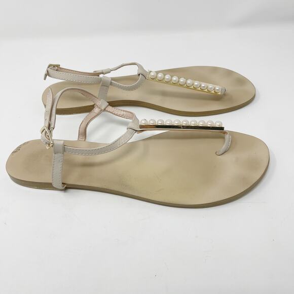 ALDO Womens US 9 EUR 40 Cream Faux Pearl Thong Sandals Ankle Strap Flat - Picture 6 of 12